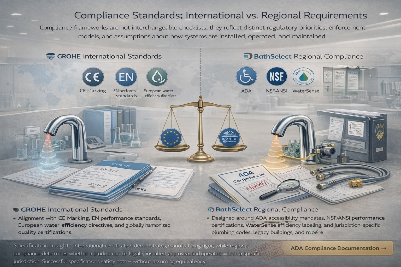 Plumbing compliance standards illustrating differences between international certification frameworks and region-specific regulatory requirements